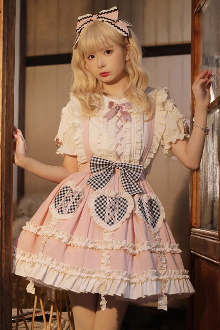 Pink Dorothy Heart Ruffled Bowknot Sweet Lolita Strap Dress