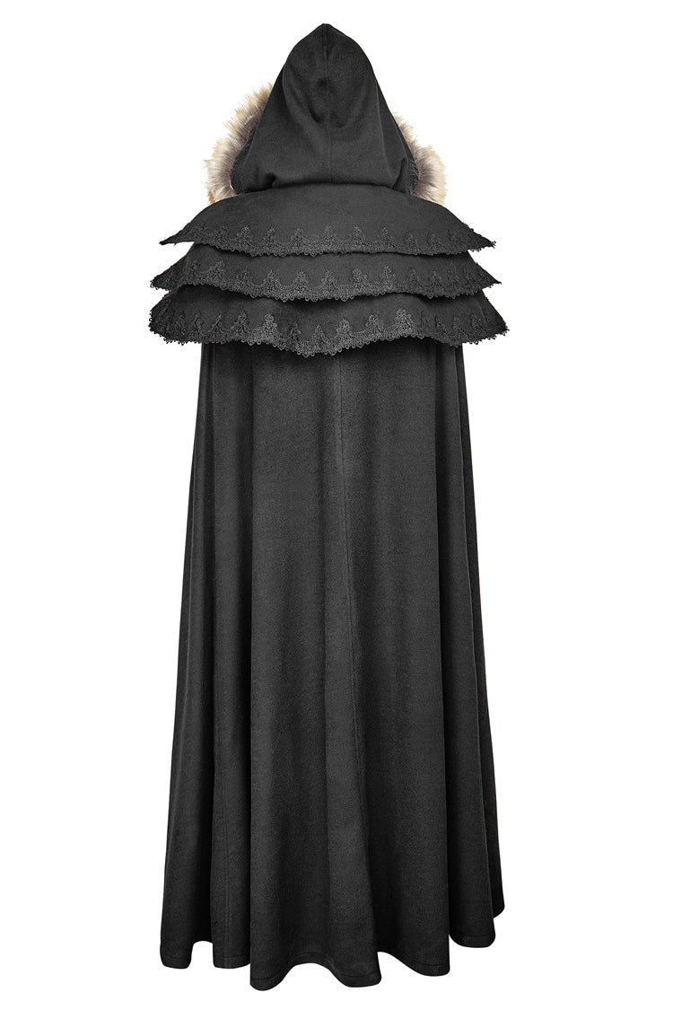 Women's Gothic Coat Cloak with Hooded Fur Collar Wool Long Design