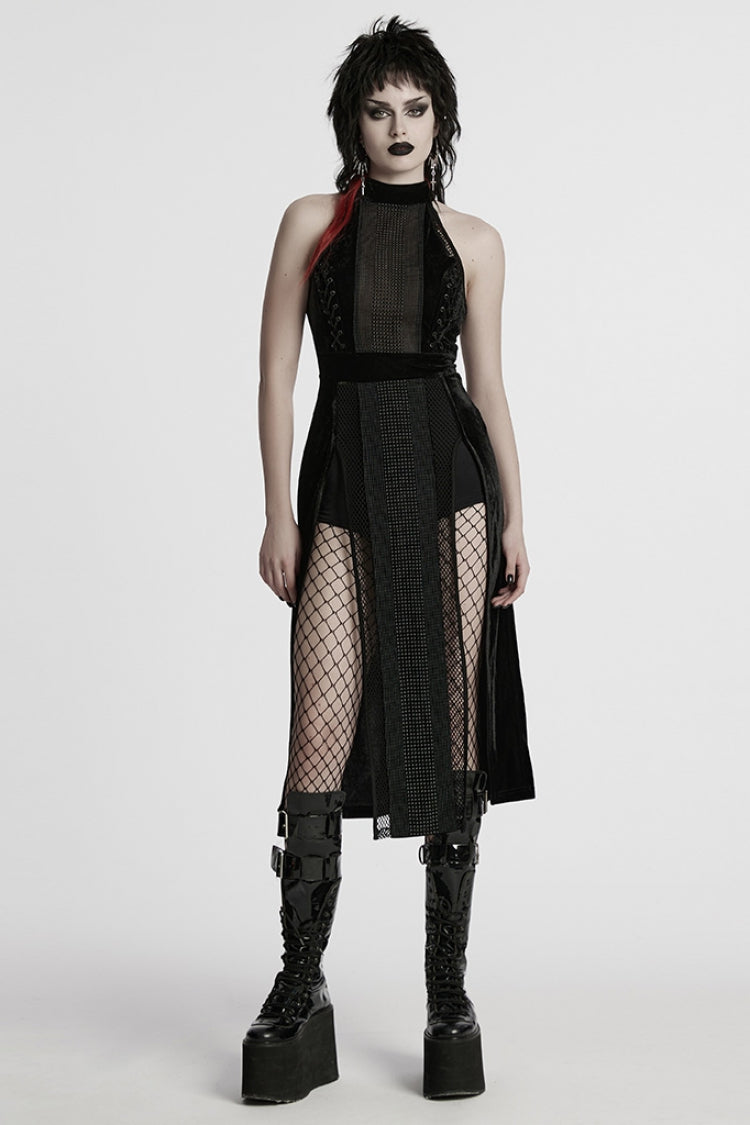 Ebony Halterneck Sleeveless Stitching Mesh Gothic Dress