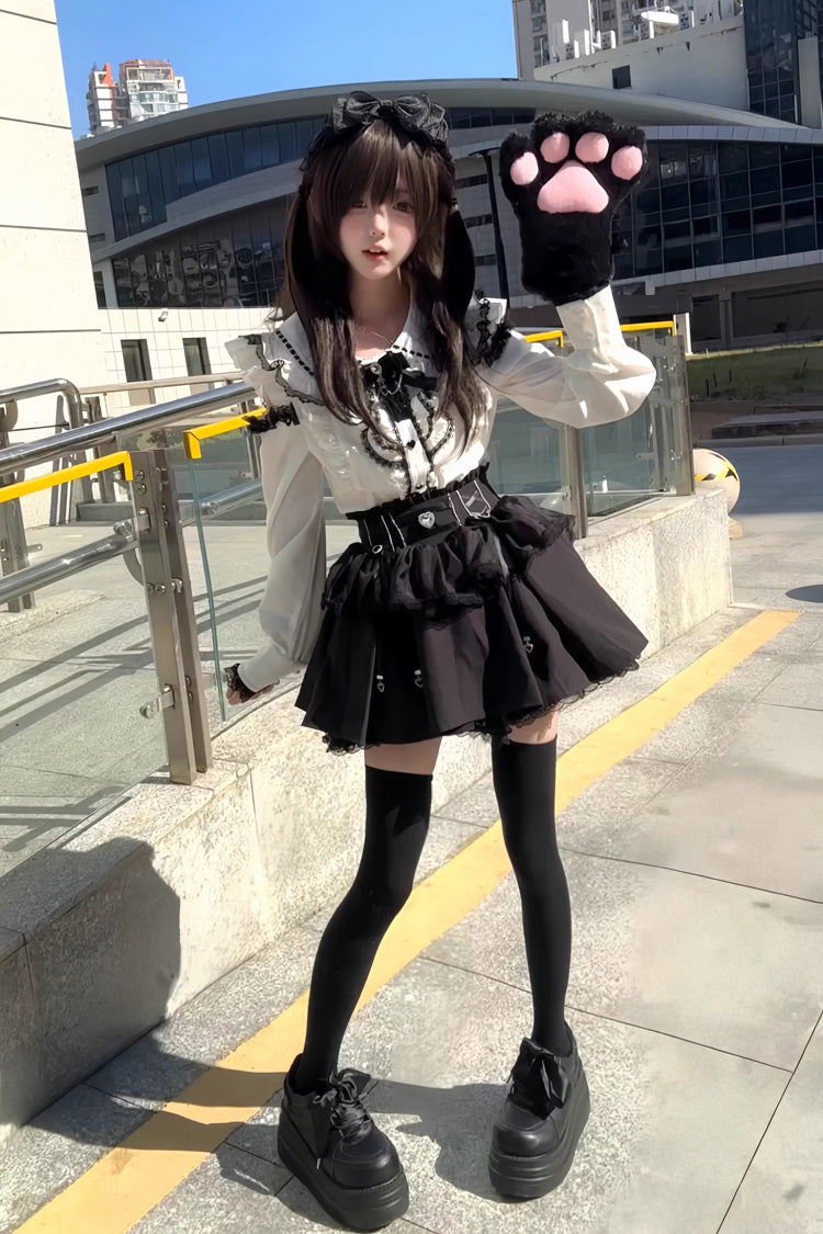 Doll Collar Long Sleeves Ruffled Bow Sweet Jirai Kei Skirt Set