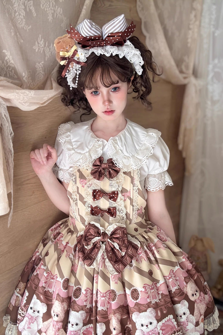 Chocolate Brownie Sleeveless Printed Ruffled Bow Lace Sweet Strap Dress