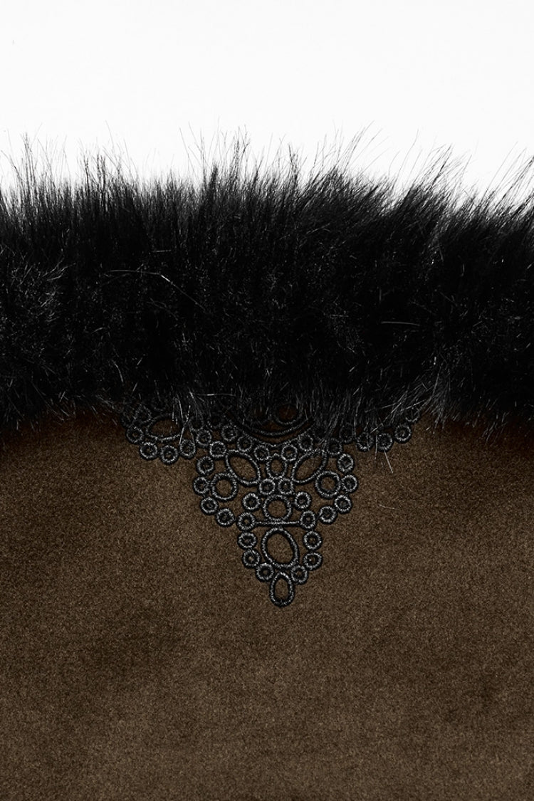 Detachable Faux Fur Trimmed Gothic Coat with Lace-Up Details