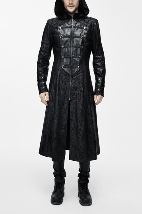 Men's Punk Long Leather Coat with Hooded One Side Shawl Style
