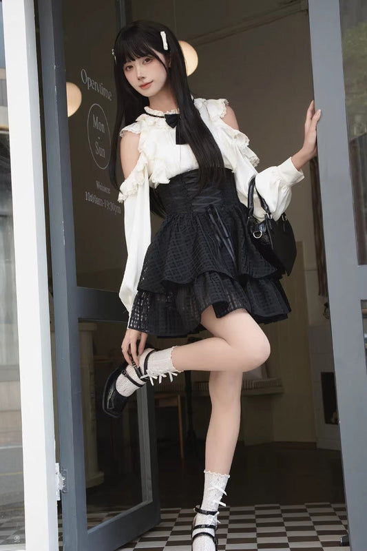 Double-Layered Cut-Out Bow Lace-Up Classic Jirai Kei Skirt Set