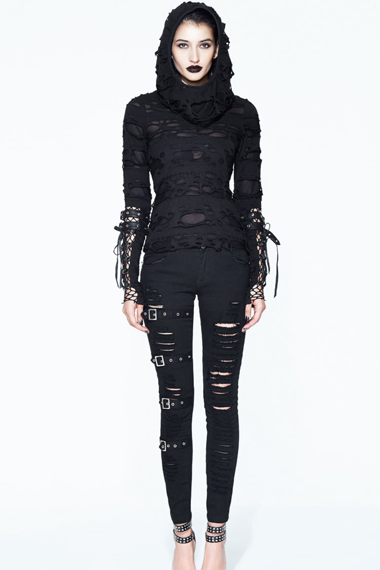Women's Punk Shirt with Hooded Ripped Finger Covered Splice Mesh Leather Loop Lace Up