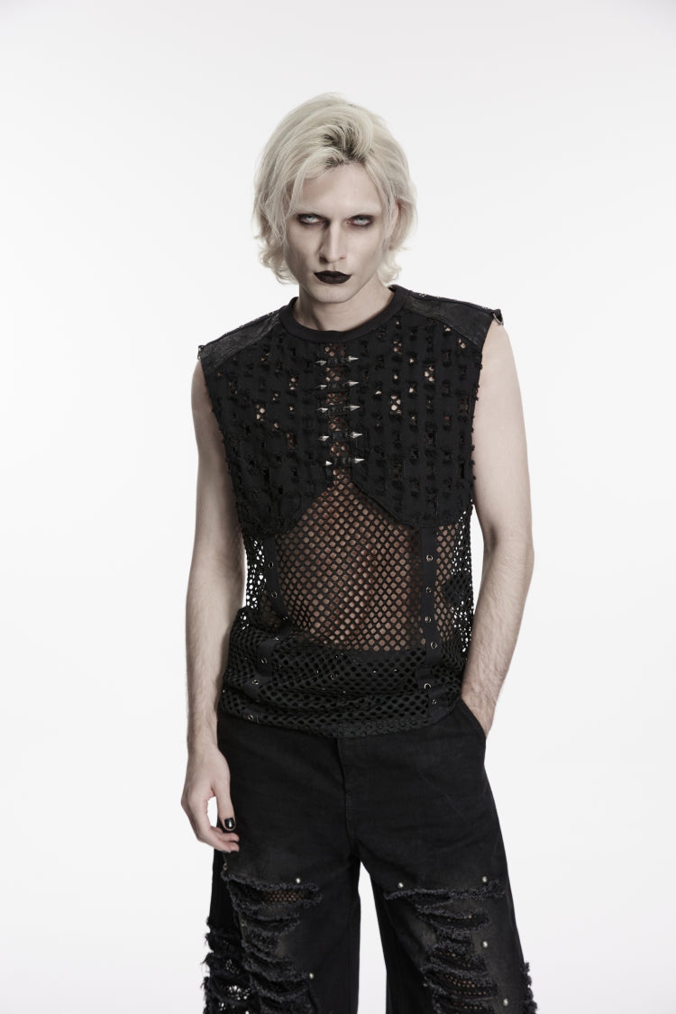 Noir Punk Sleeveless with Torn Mesh and Studded Details
