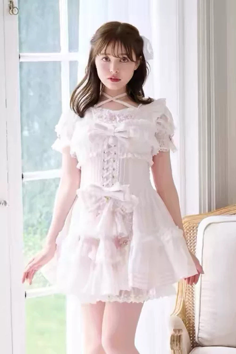 Sweet Short Sleeves Ruffled Bow Lace Jirai Kei Japanese Plus Size Lolita Dress 3 Colors