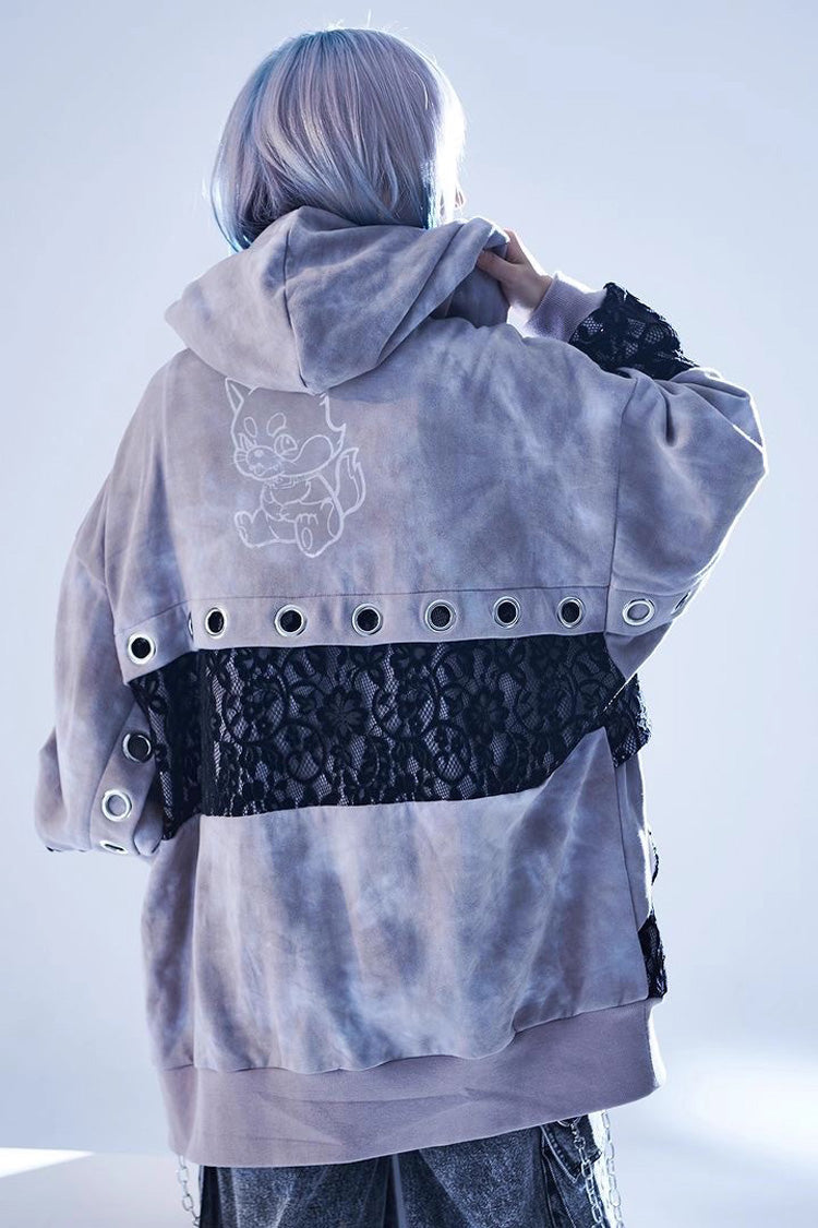 Color Blocked Tie-Dye Hooded Zip Coat with Print