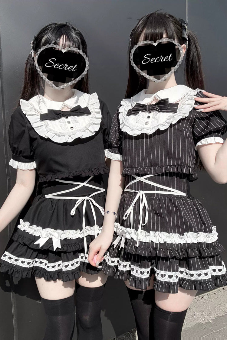 Double-Layered Skirt Set with Doll Collar and Bow Accents
