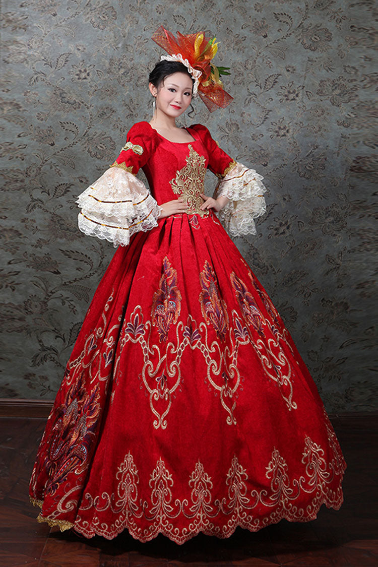Red Victorian Gown with Bell Sleeves and Floral Embroidery - Altfashion Shop