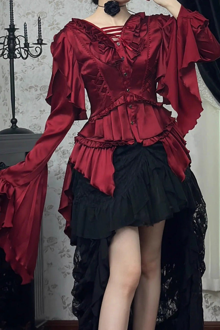 Echoes of the Deep Sea Hime Sleeve Ruffled Bow Corset Gothic Ouji Lolita Blouse in Four Shades