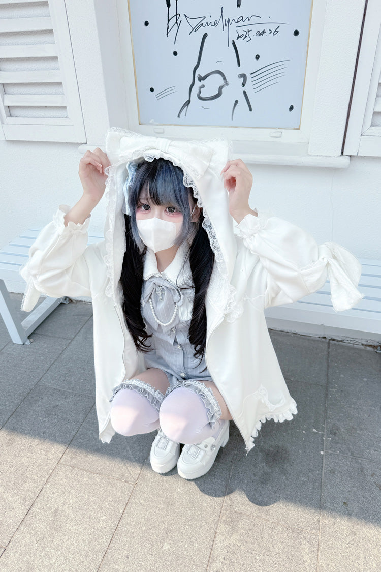 Ivory Cat Ear Hooded Ruffled Bow Accent Dark Jirai Kei Coat