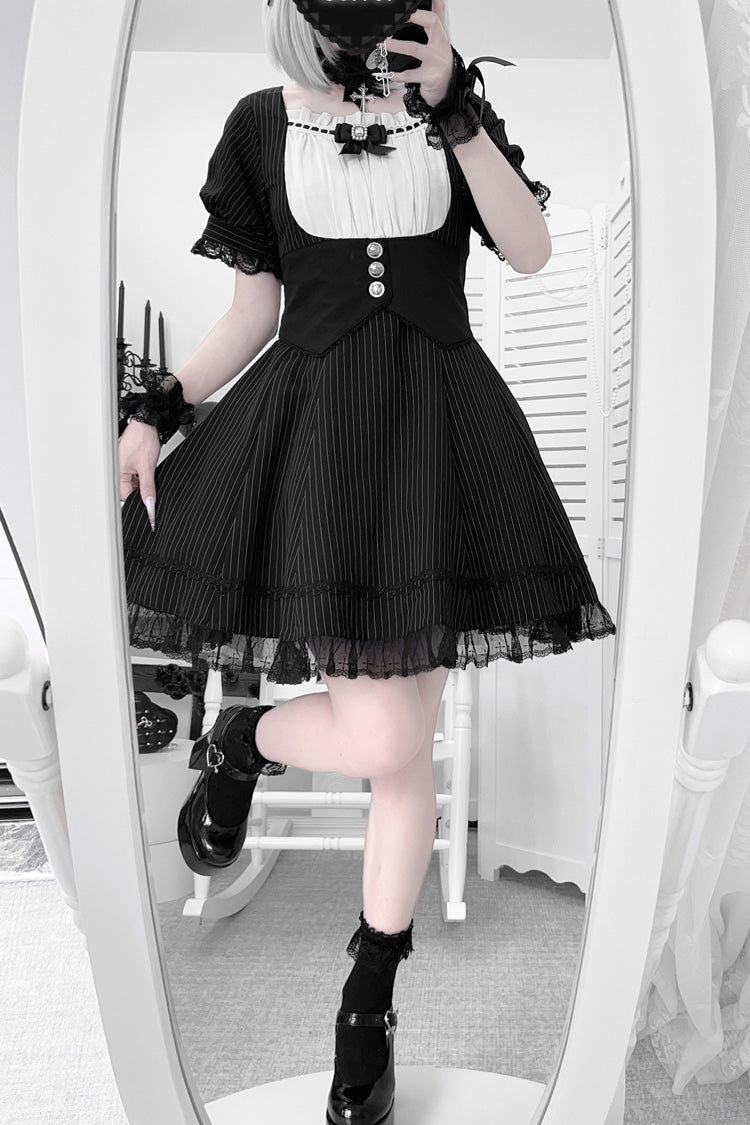 Monochrome Striped Short Sleeve Ruffle Bow Cross Waist Maid Sweet Japanese Dress Set