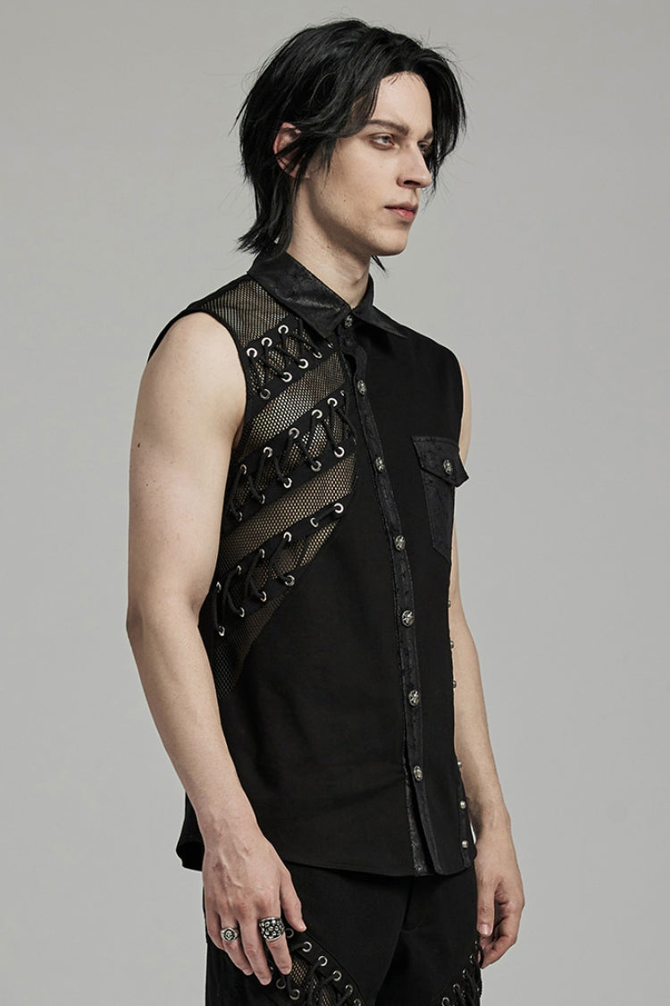 Men's Punk Vest with Hollow Stitching Lace-Up Mesh Design