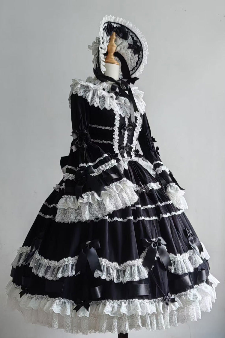 Black Round Collar Long Trumpet Sleeve Bow Lace Elegant Princess Dress