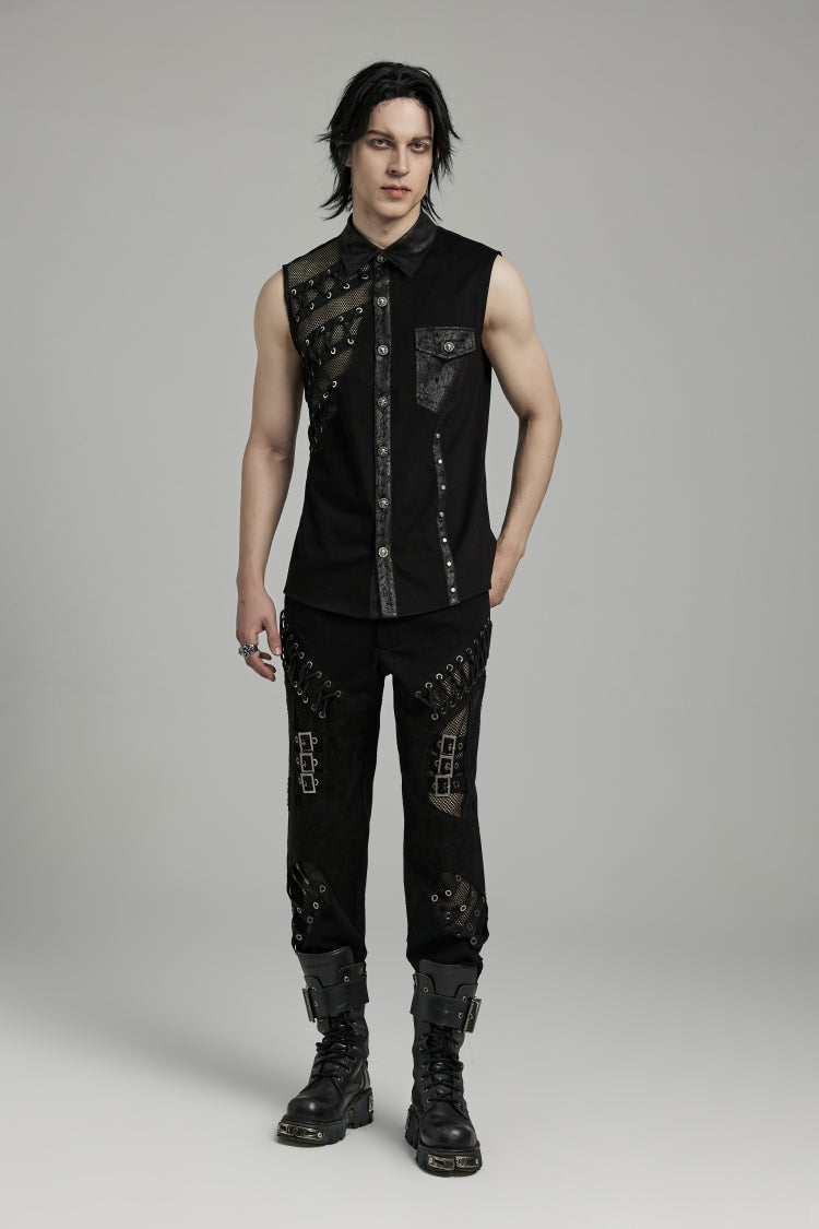 Men's Punk Vest with Hollow Stitching Lace-Up Mesh Design