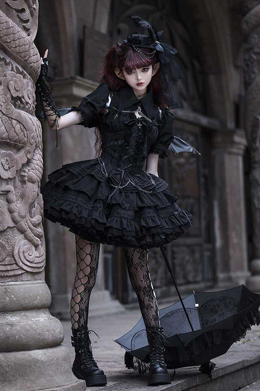 Triple-Layered Ruffled Lace-Up Gothic JSK Dress in 6 Colors - Covenant Cross
