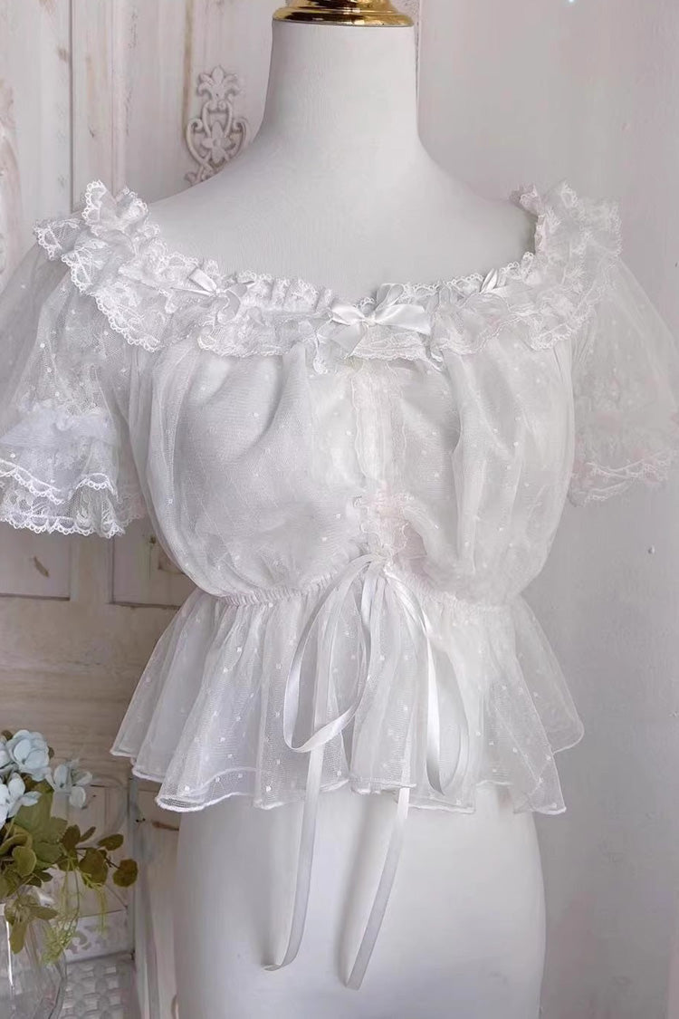 Short-Sleeve Embroidered Lace Bow Blouse - Cream Point
