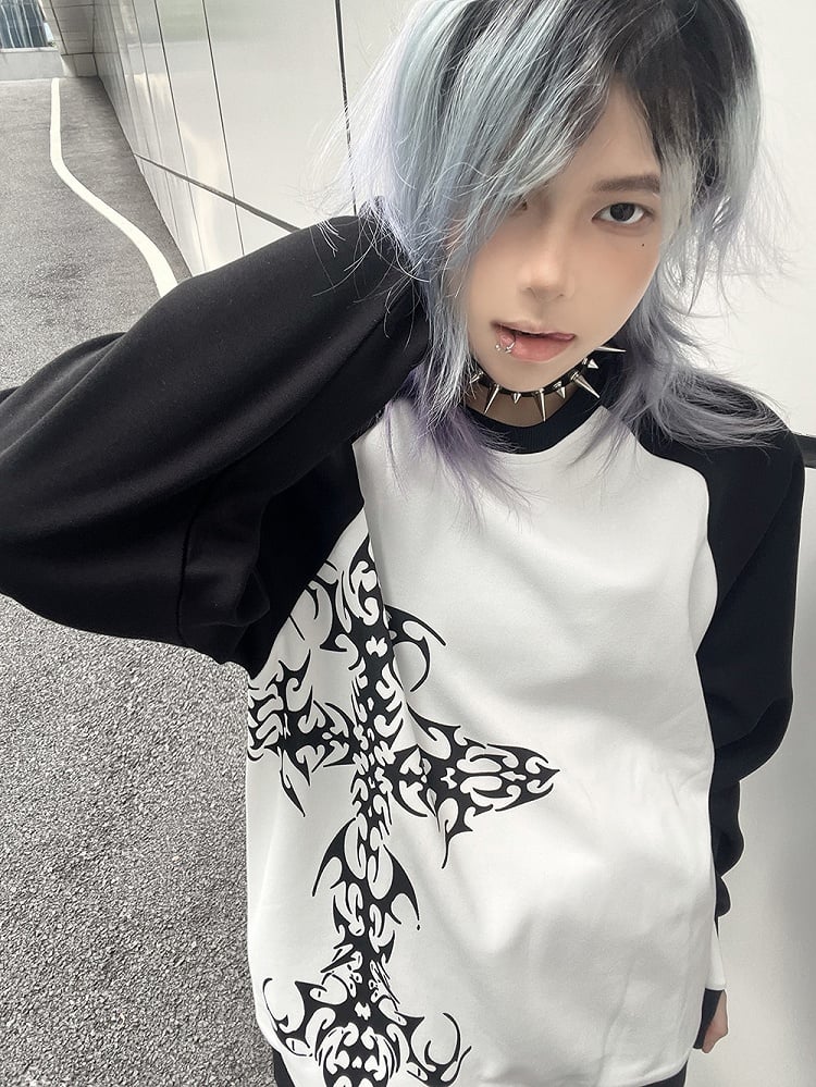 Black and White Colorblock Tattoo Cross Sweatshirt