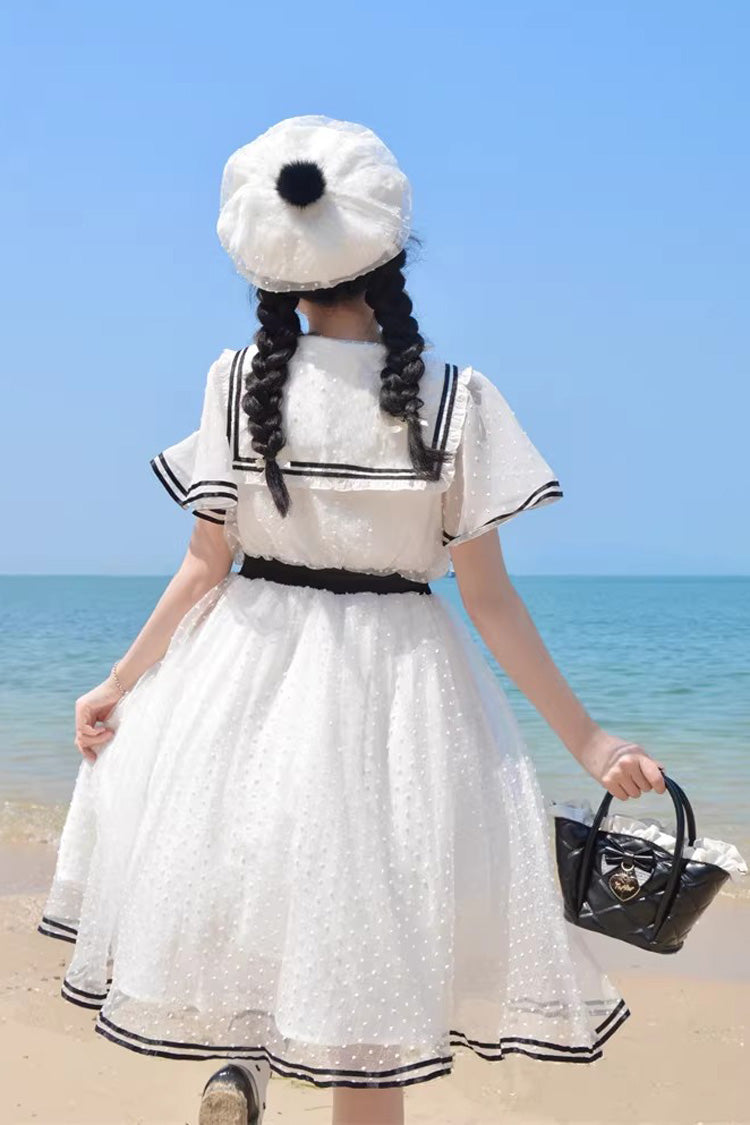 White Seaside Sweetheart Chiffon Navy Collar Short Sleeves Ruffled Lace-Up Slim Sailor Sweet Dress
