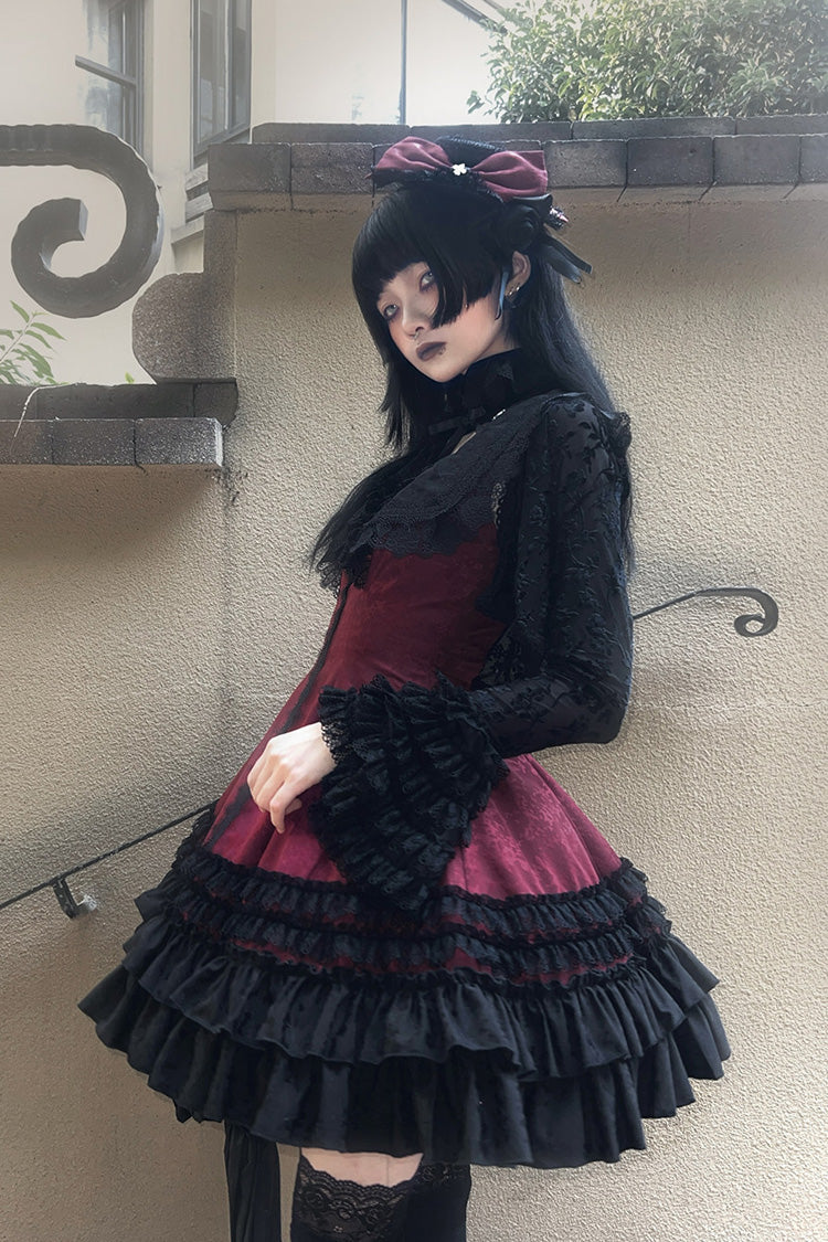 Escape Double-Layered Jacquard Striped Ruffled Slim Gothic Lolita Jumper Dress in Three Shades