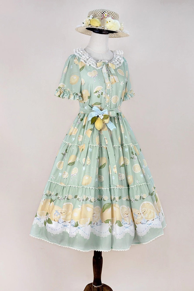 Verdant Short Sleeve Printed Ruffle Bow Lace Daily Sweet Dress - Lemon Chicken