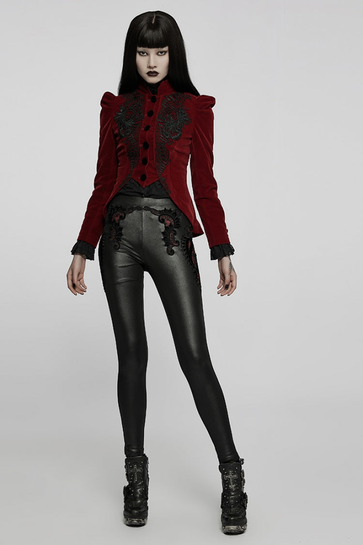 Faux Leather Gothic Leggings with Embroidered Cutout Details for Women
