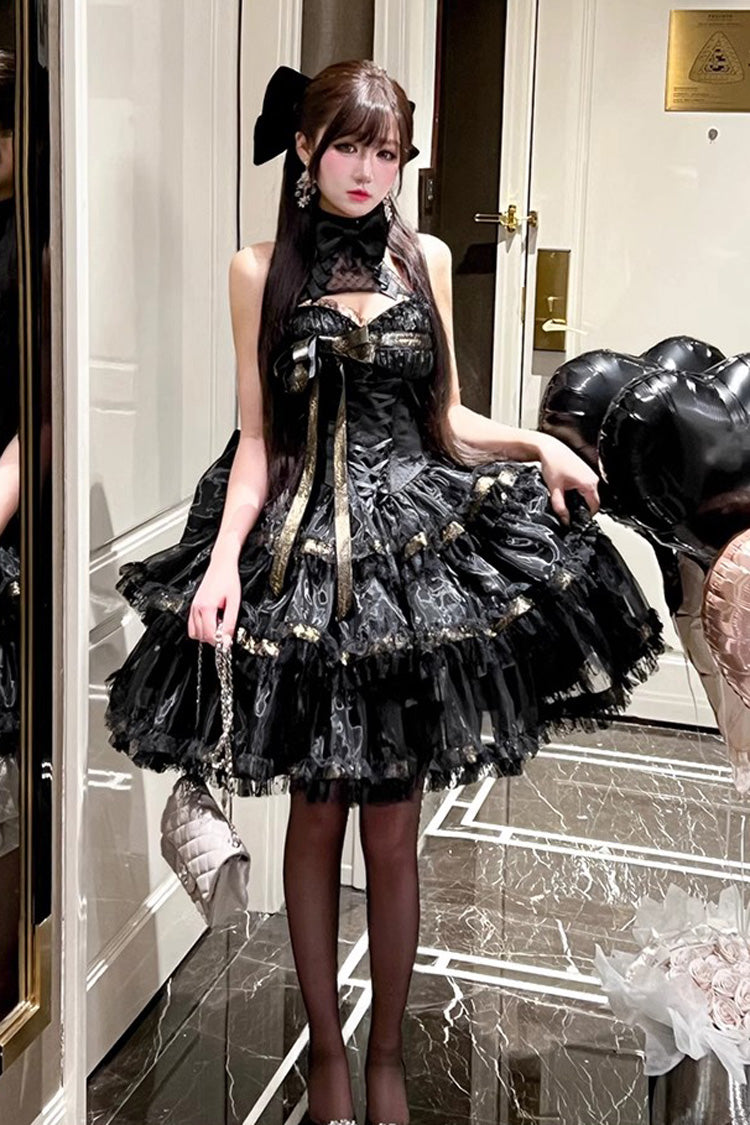 Black First Kiss Halterneck Triple-Layered Ruffle Lace Gothic Princess