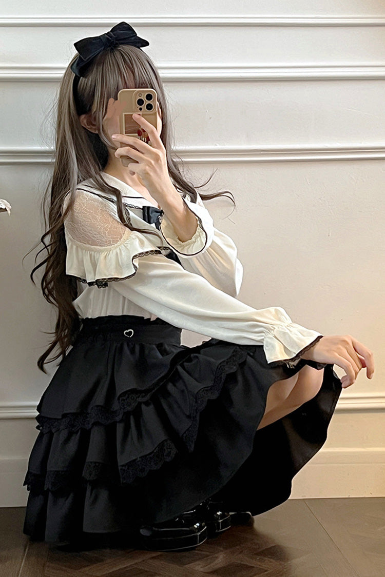 Monochrome Sailor-Collar Jirai Kei Skirt Set with Multi-Layered Ruffles and Bow