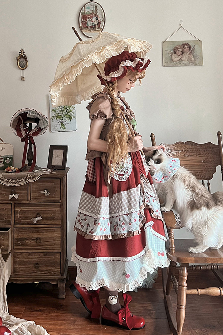 Cherry Print Multilayer Ruffle Embroidery Sweet Lolita Dress