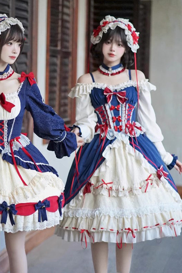 White-Blue Long Sweet Lolita Ruffle Cardigan Bowknot Dress