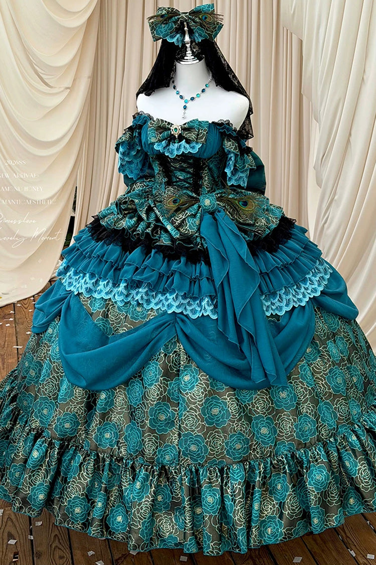 Peacock Spirit Princess Multi-Layered Ruffled Bow Lace-Up Classic JSK
