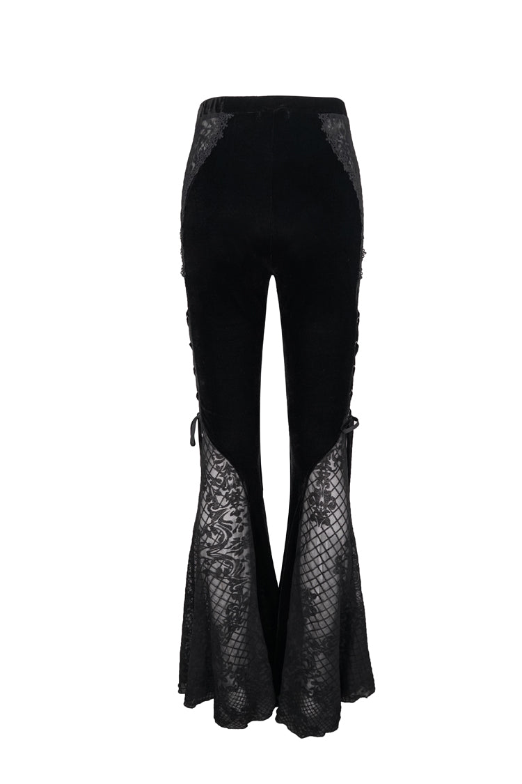 Velvet Jacquard Lace-Up Flared Gothic Trousers with Plaid Accents