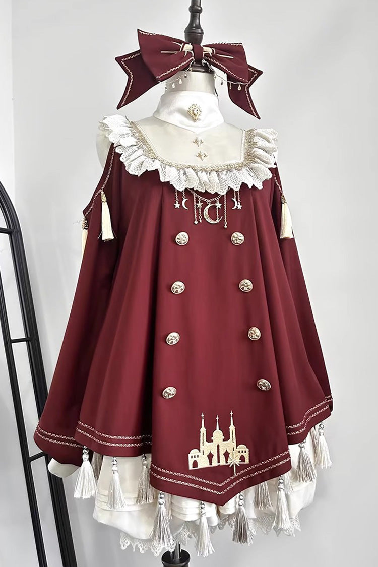 Crimson Starry Night Long Sleeve Frill Embroidery Princess Sweet Lolita Dress Complete Set