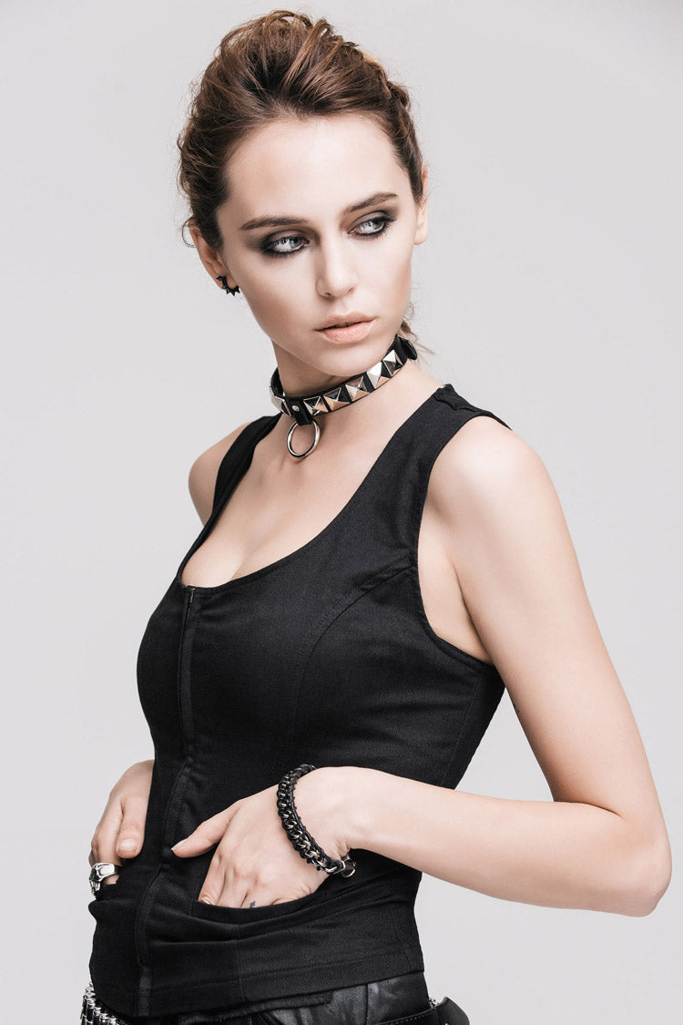 Women's Punk Tank Top in Black with Front Zip, Cut-Out Back & Belted Round Neck