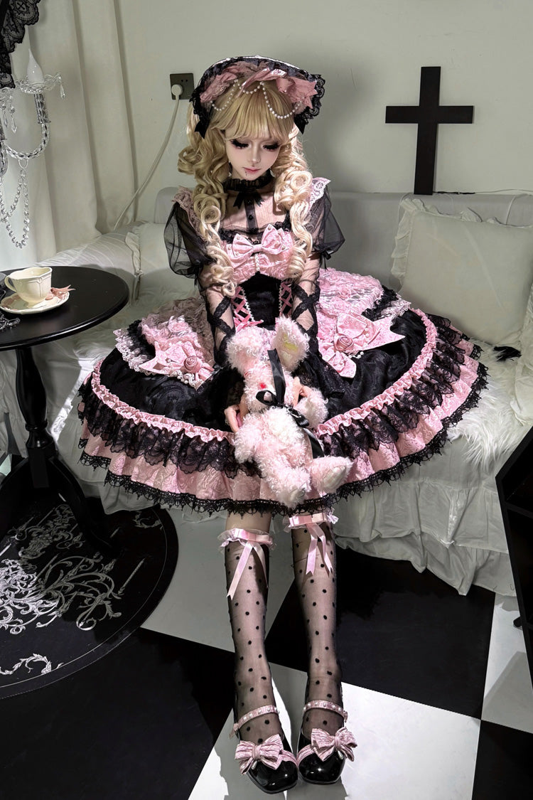 Ebony Rose Sleeveless Ruffle Bow Lace Corset Ballet Jumper Dress - Rose Princess