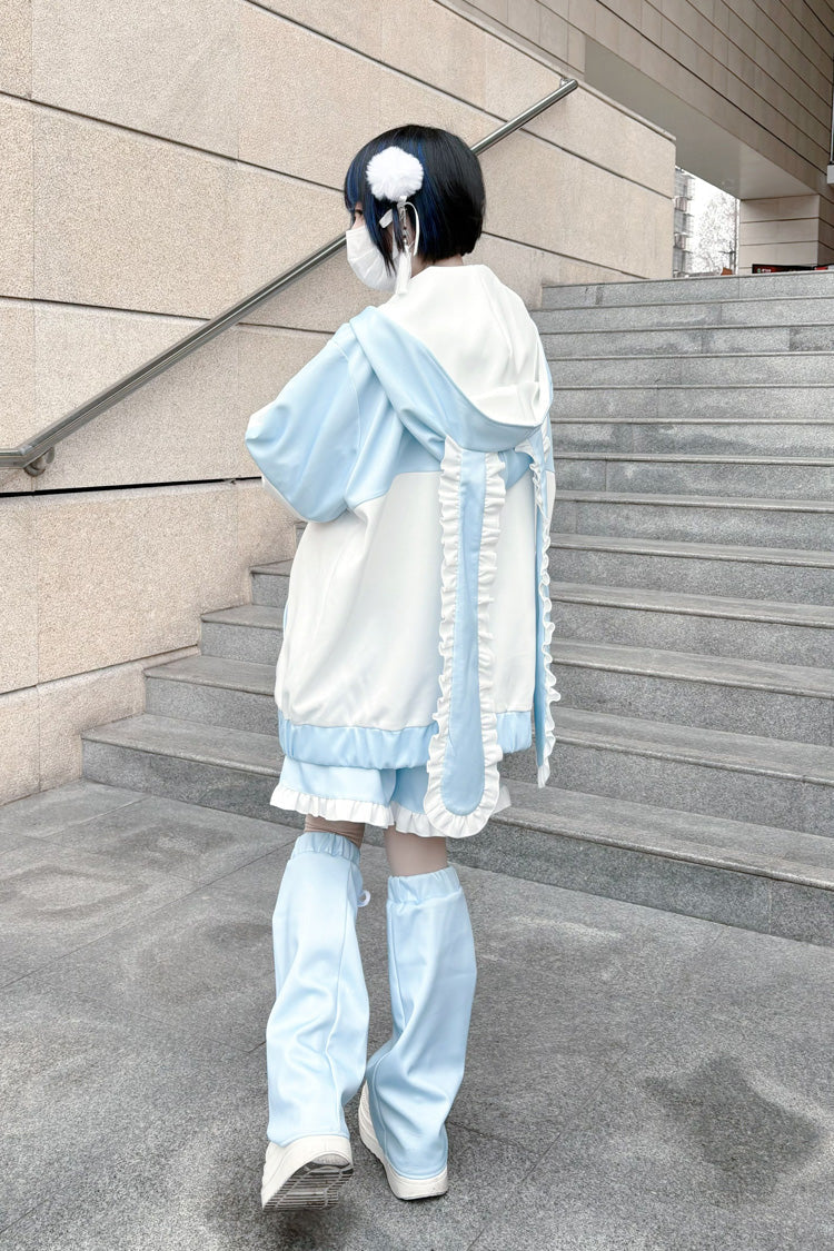 White Blue Rabbit Ear Long Sleeve Ruffled Hooded Jirai Kei Coat