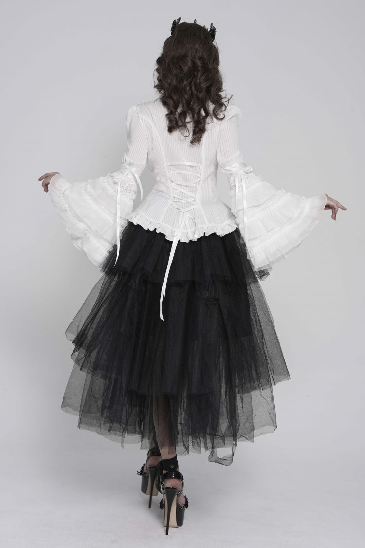 Ivory Slim Fit Women's Gothic Blouse with Trumpet Sleeves and Lace-Up