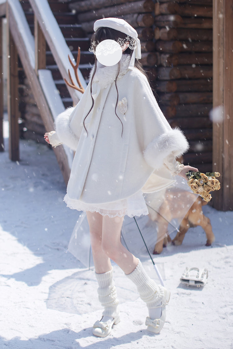 Ivory Lace Sweet Japanese Fluffy Cape Coat