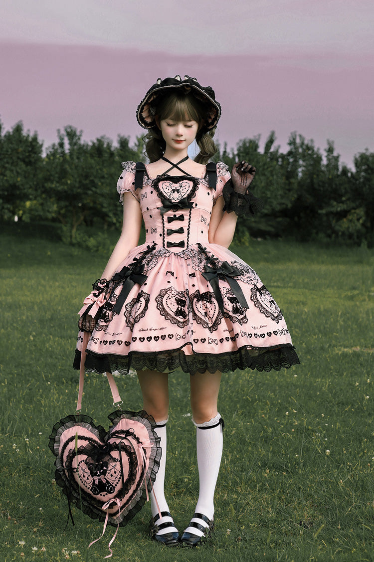 Blush Square Collar Embroidered Bow Lolita Dress with Train - Sugar Bear