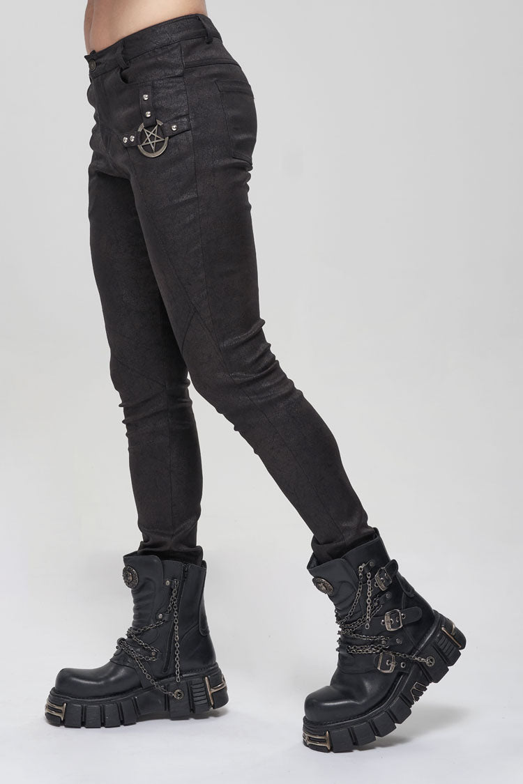 Men's Punk Slim Pants with Metal Pentagram, Crackle Finish and Basic Funds