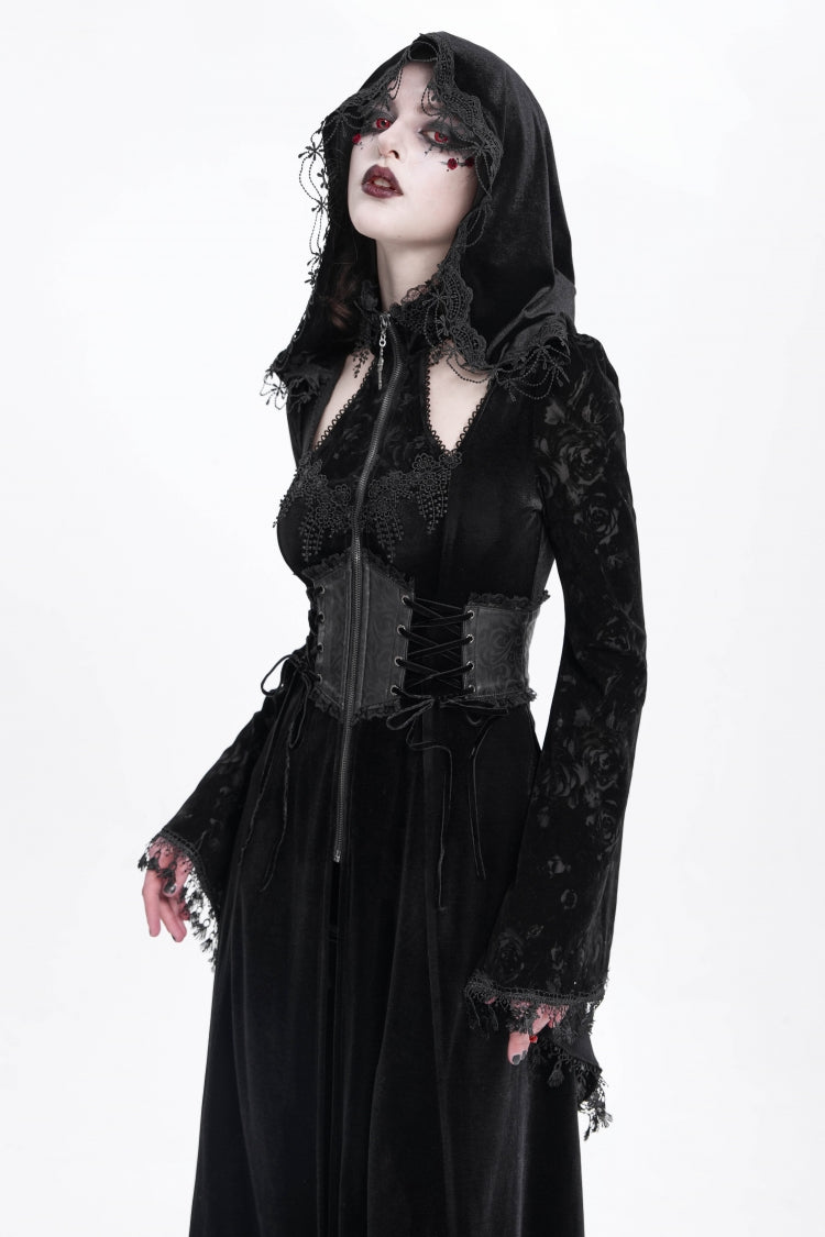Black Long Sleeves Cutout Embroidered Hooded Ripped Gothic Coat Dress