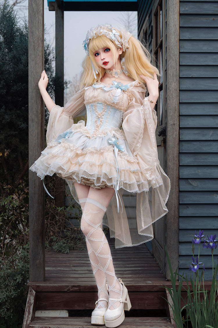 Flowing Light Gift Box Square Collar Sleeveless Layered Ruffle Bow Ballet Lolita JSK Dress