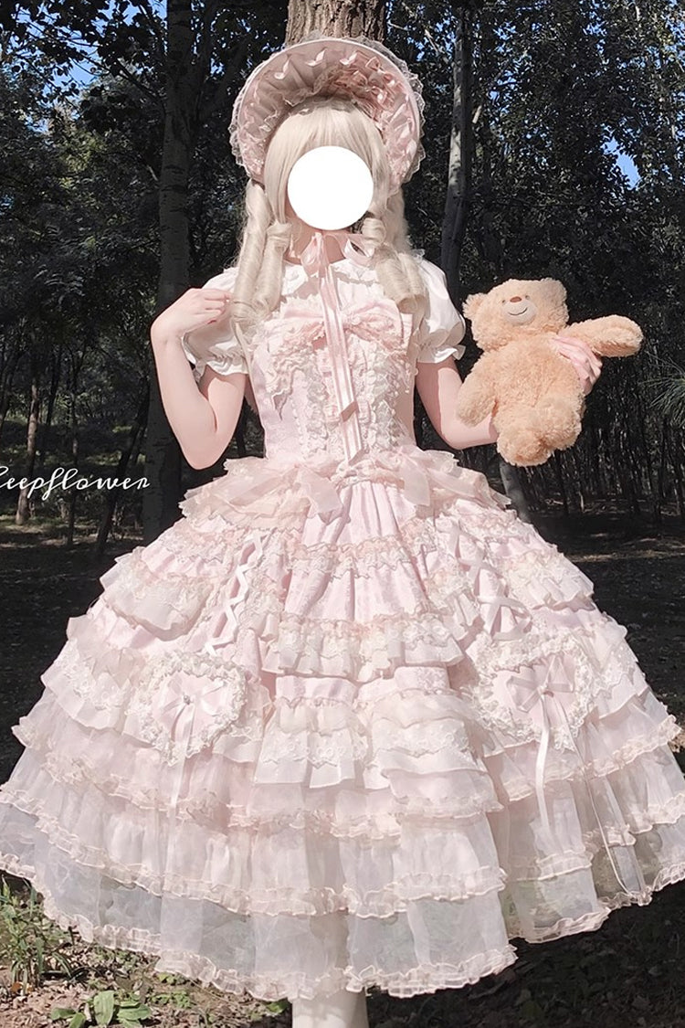 Rosy Ruffle Cascade Bow Embellished Sweetheart Lolita Jumper Dress - Sweetheart Diary