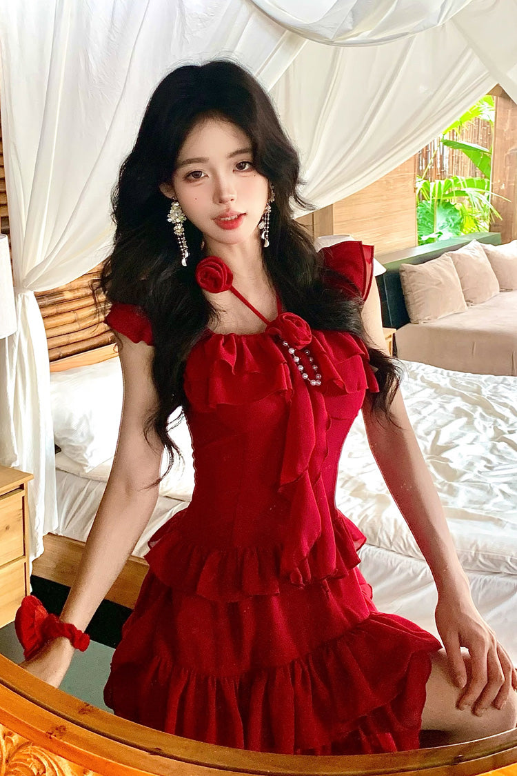 Crimson Three-Tier Frilled Bow Summer Holiday Sweet Lolita Gown