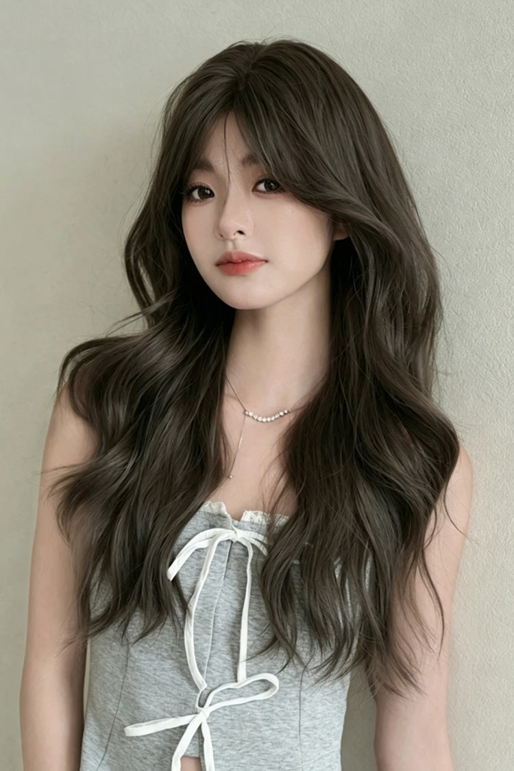 Fluffy Chestnut Brown Wavy Wig with Face-Framing Curtain Bangs