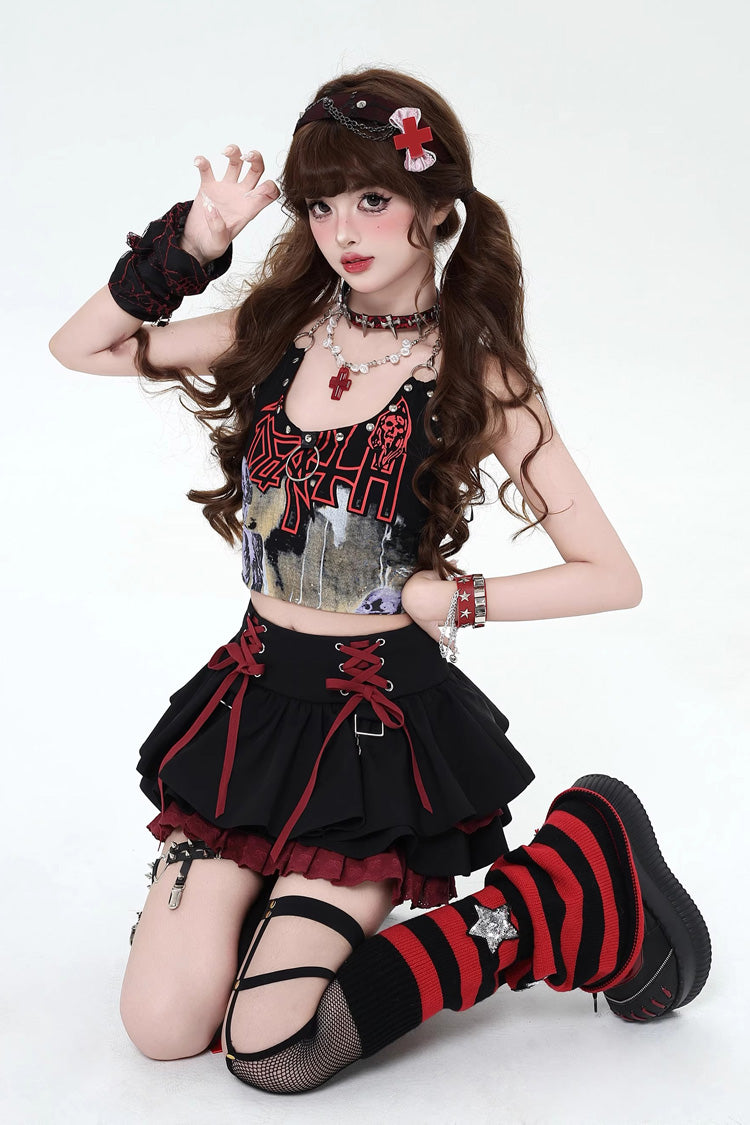 Rebellious Period Double-Layered Ruffle Lace-Up Gothic Japanese Skirt