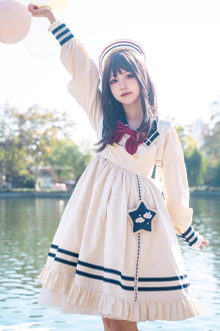 Navy Bowknot Ruffle Long Sleeve Lolita Dress