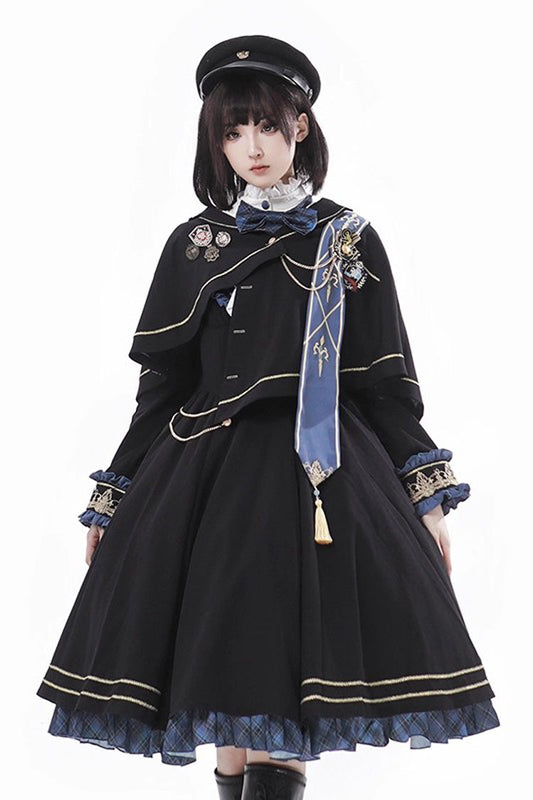 Breaking Dawn Stand Collar Long Sleeve Ruffled Gothic College Elegant Lolita Dress - Black