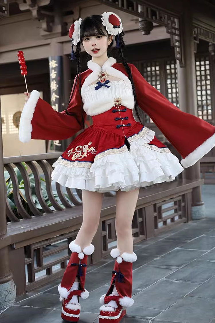 Embroidered Ruffled Bow Sweet Chinese JSK Dress in 2 Colorways